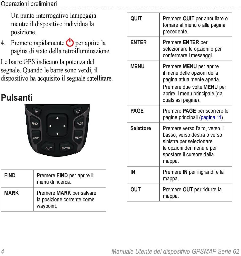 Pulsanti QUIT ENTER MENU PAGE Selettore Premere QUIT per annullare o tornare al menu o alla pagina precedente. Premere ENTER per selezionare le opzioni o per confermare i messaggi.