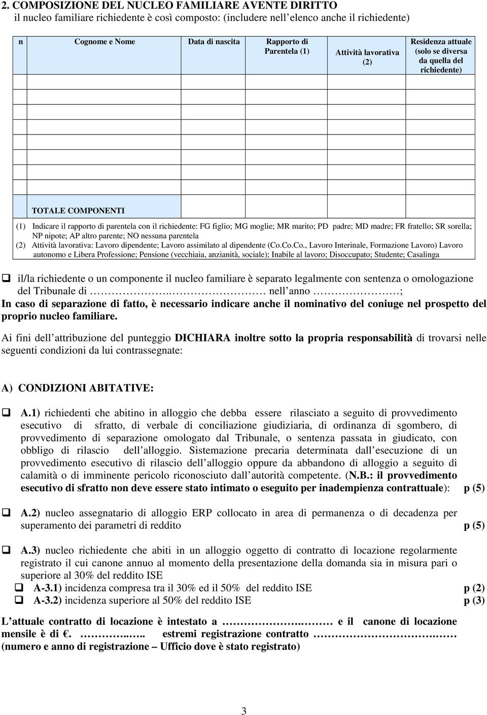 MR marito; PD padre; MD madre; FR fratello; SR sorella; NP nipote; AP altro parente; NO nessuna parentela (2) Attività lavorativa: Lavoro dipendente; Lavoro assimilato al dipendente (Co.