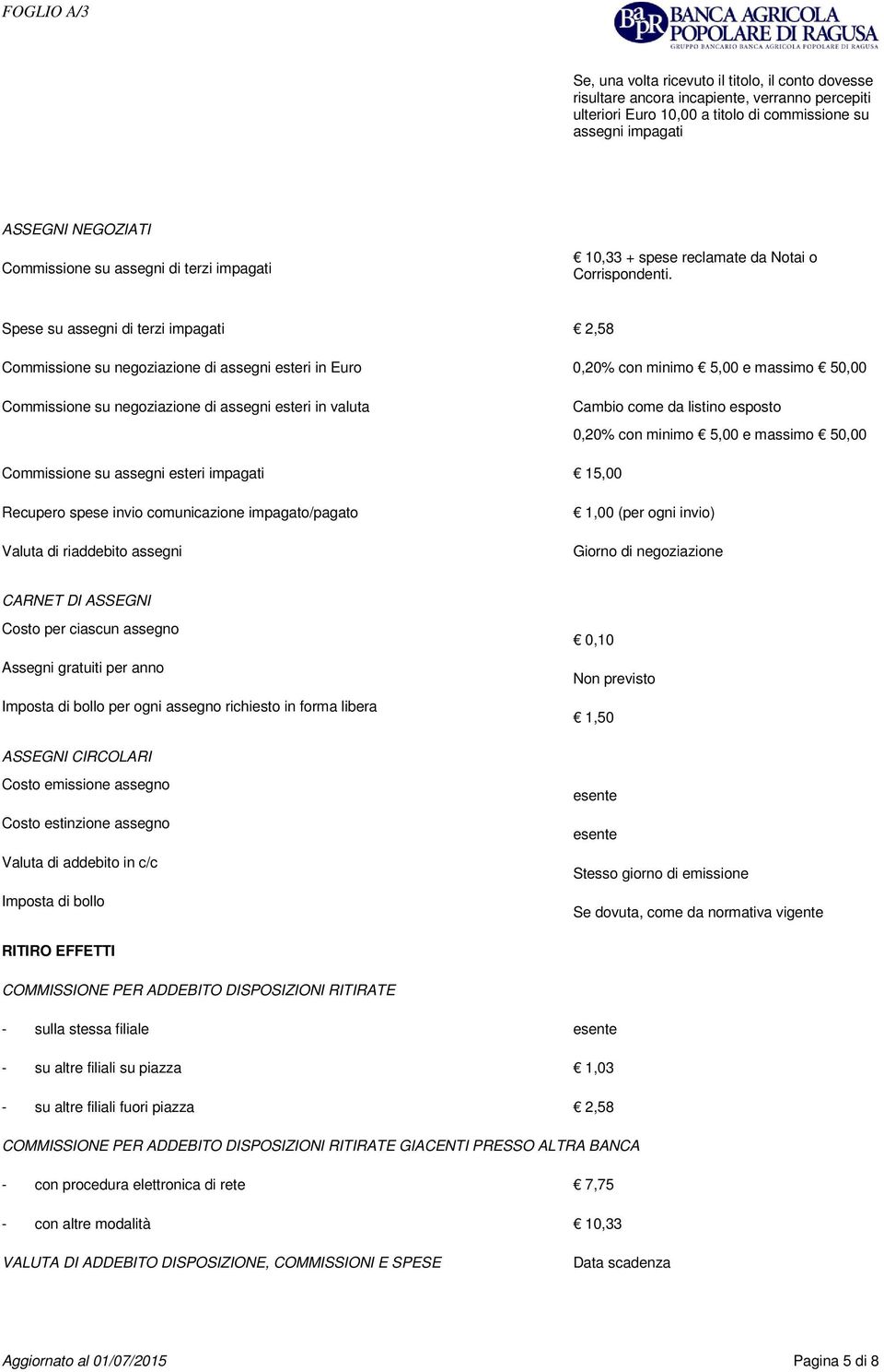 Spese su assegni di terzi impagati 2,58 Commissione su negoziazione di assegni esteri in Euro 0,20% con minimo 5,00 e massimo 50,00 Commissione su negoziazione di assegni esteri in valuta Cambio come
