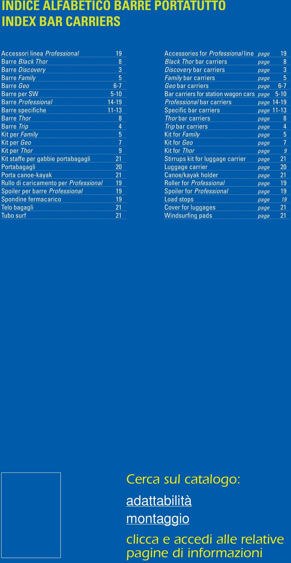 Professional 19 Spoiler per Professional 19 Spondine fermacarico 19 Telo bagagli 21 Tubo surf 21 Accessories for Professional line page 19 Black Thor bar carriers page 8 Discovery bar carriers page 3