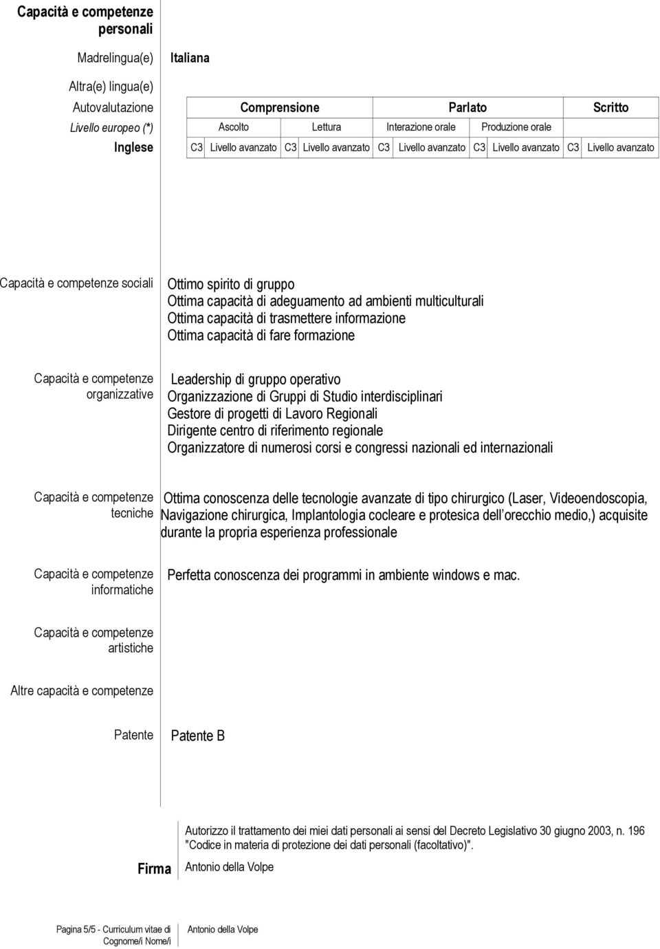 informazione Ottima capacità di fare formazione organizzative Leadership di gruppo operativo Organizzazione di Gruppi di Studio interdisciplinari Gestore di progetti di Lavoro Regionali Dirigente