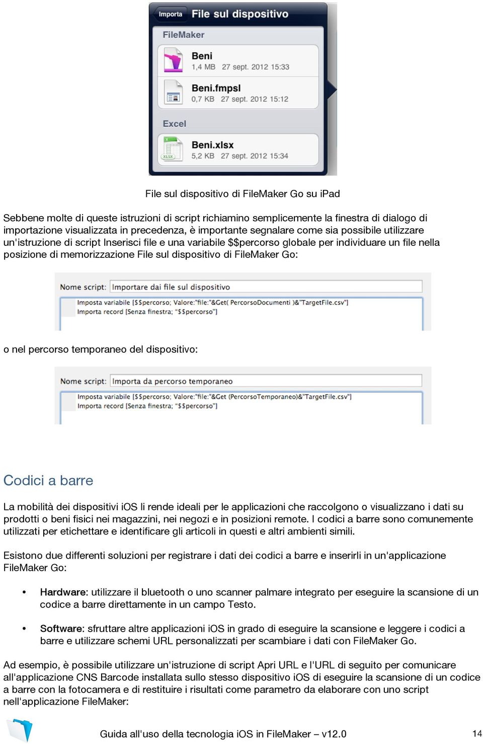 FileMaker Go: o nel percorso temporaneo del dispositivo: Codici a barre La mobilità dei dispositivi ios li rende ideali per le applicazioni che raccolgono o visualizzano i dati su prodotti o beni