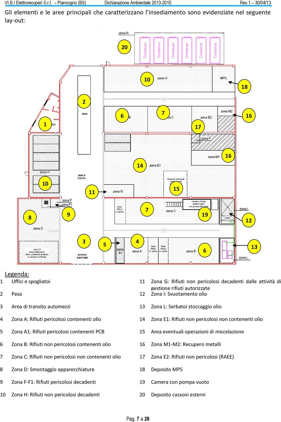 A: Rifiuti pericolosi contenenti olio 14 Zona E1: Rifiuti non pericolosi non contenenti olio 5 Zona A1: Rifiuti pericolosi contenenti PCB 15 Area eventuali operazioni di miscelazione 6 Zona B: