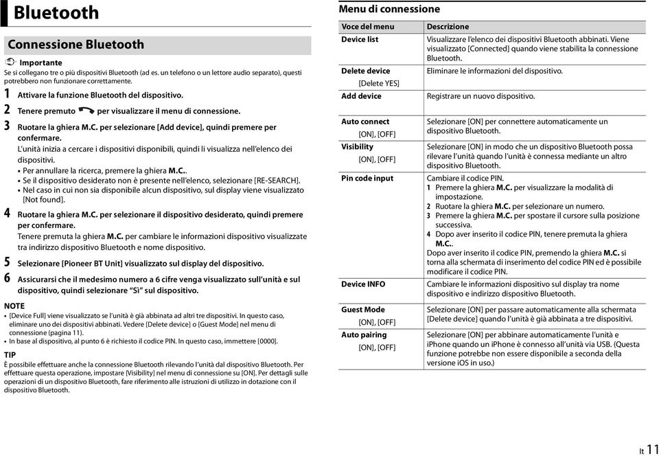 L unità inizia a cercare i dispositivi disponibili, quindi li visualizza nell elenco dei dispositivi. Per annullare la ricerca, premere la ghiera M.C.