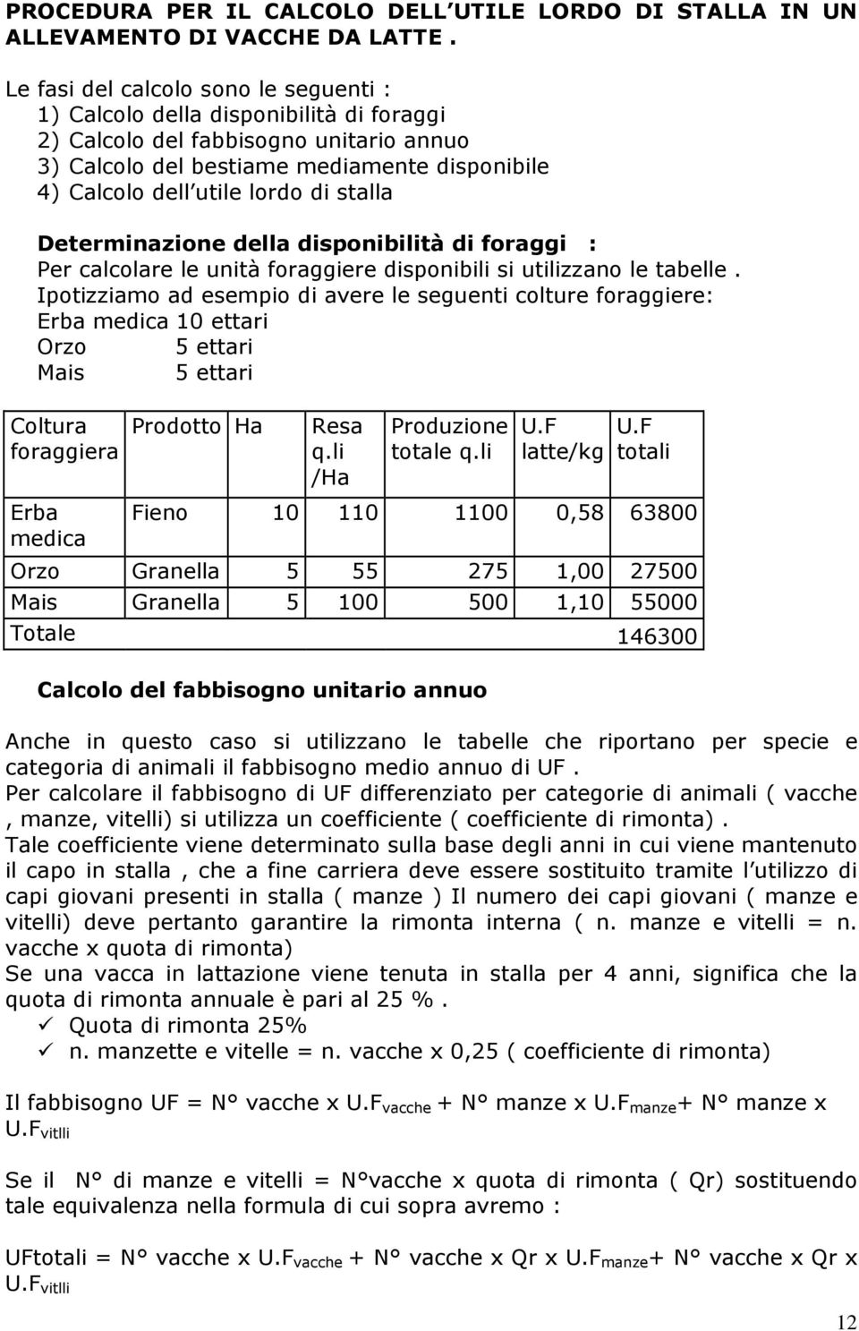 stalla Determinazione della disponibilità di foraggi : Per calcolare le unità foraggiere disponibili si utilizzano le tabelle.