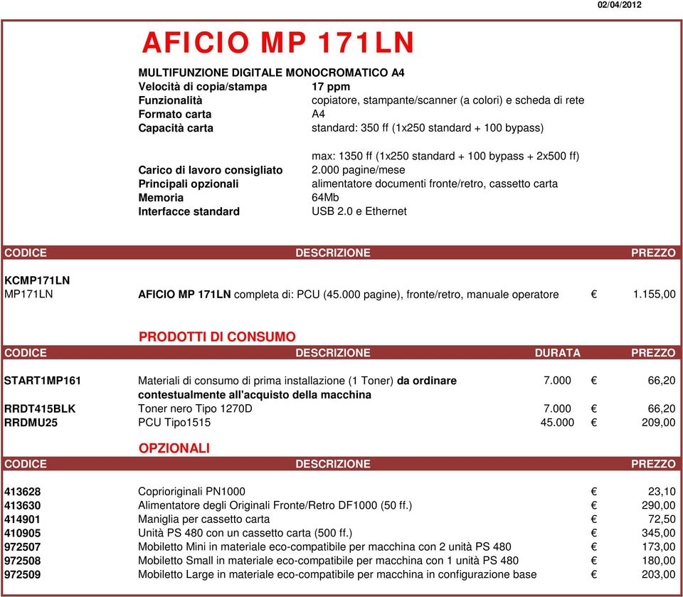 000 pagine/mese alimentatore documenti fronte/retro, cassetto carta 64Mb USB 2.0 e Ethernet KCMP171LN MP171LN AFICIO MP 171LN completa di: PCU (45.000 pagine), fronte/retro, manuale operatore 1.