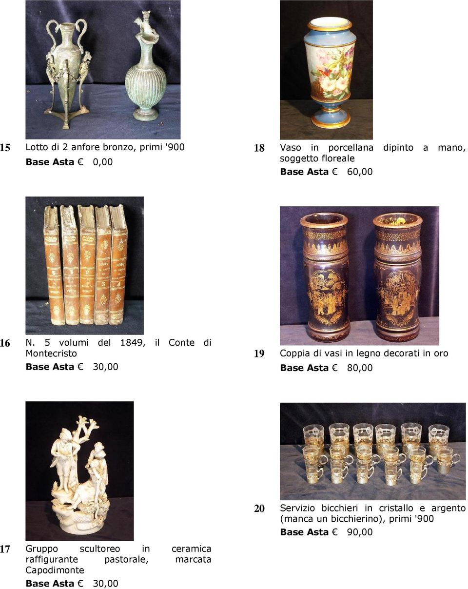 5 volumi del 1849, il Conte di Montecristo Base Asta 30,00 19 Coppia di vasi in legno decorati in oro Base