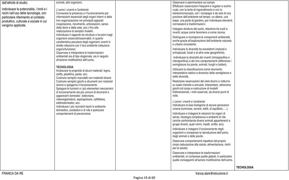 L uomo i viventi e l ambiente Conoscere la presenza e il funzionamento per informazioni essenziali degli organi interni e della loro organizzazione nei principali apparati (respirazione, movimento,