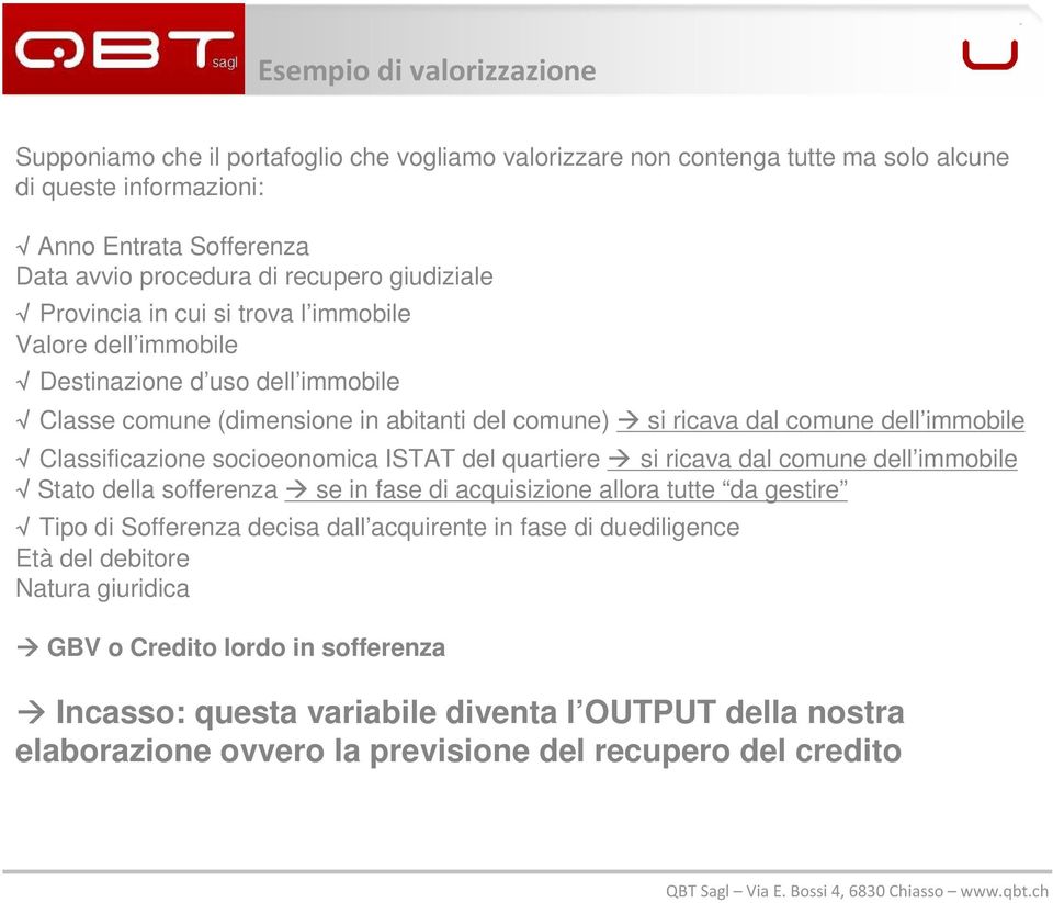 Classificazione socioeonomica ISTAT del quartiere si ricava dal comune dell immobile Stato della sofferenza se in fase di acquisizione allora tutte da gestire Tipo di Sofferenza decisa dall