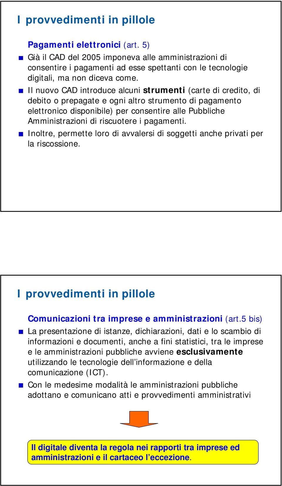 riscuotere i pagamenti. Inoltre, permette loro di avvalersi di soggetti anche privati per la riscossione. I provvedimenti in pillole Comunicazioni tra imprese e amministrazioni (art.