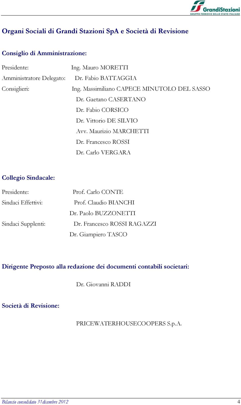 Carlo VERGARA Collegio Sindacale: Presidente: Sindaci Effettivi: Sindaci Supplenti: Prof. Carlo CONTE Prof. Claudio BIANCHI Dr. Paolo BUZZONETTI Dr. Francesco ROSSI RAGAZZI Dr.