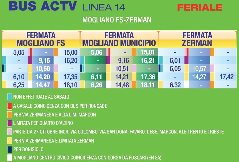 COINCIDENZA CON BUS PER RONCADE PER VIA ZERMANESA E ALTA LIM. MARCON LIMITATA PER QUARTO D ALTINO PARTE DA 27 OTTOBRE INCR.