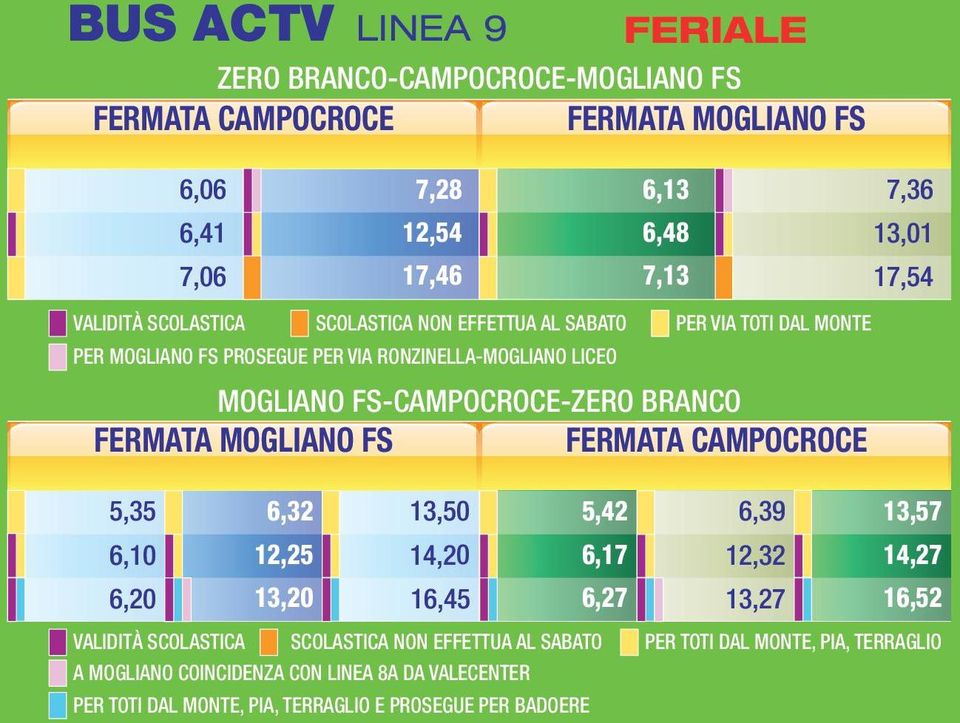 PIA, TERRAGLIO A MOGLIANO COINCIDENZA CON LINEA 8A DA VALECENTER PER TOTI DAL MONTE, PIA, TERRAGLIO E PROSEGUE PER BADOERE FERIALE 6,13 6,48 7,13 MOGLIANO