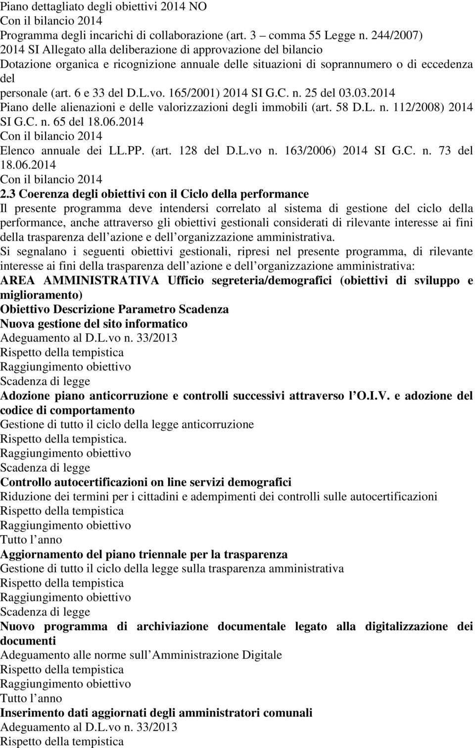 vo. 165/2001) 2014 SI G.C. n. 25 del 03.03.2014 Piano delle alienazioni e delle valorizzazioni degli immobili (art. 58 D.L. n. 112/2008) 2014 SI G.C. n. 65 del 18.06.