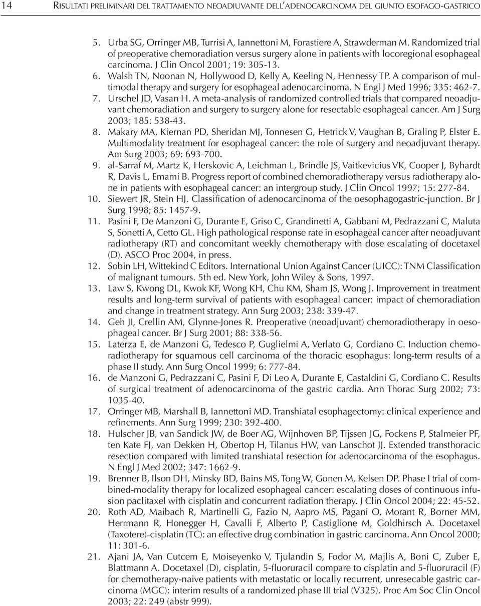 Walsh TN, Noonan N, Hollywood D, Kelly A, Keeling N, Hennessy TP. A comparison of multimodal therapy and surgery for esophageal adenocarcinoma. N Engl J Med 1996; 335: 462-7. 7. Urschel JD, Vasan H.