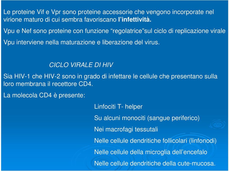 CICLO VIRALE DI HIV Sia HIV-1 che HIV-2 sono in grado di infettare le cellule che presentano sulla loro membrana il recettore CD4.