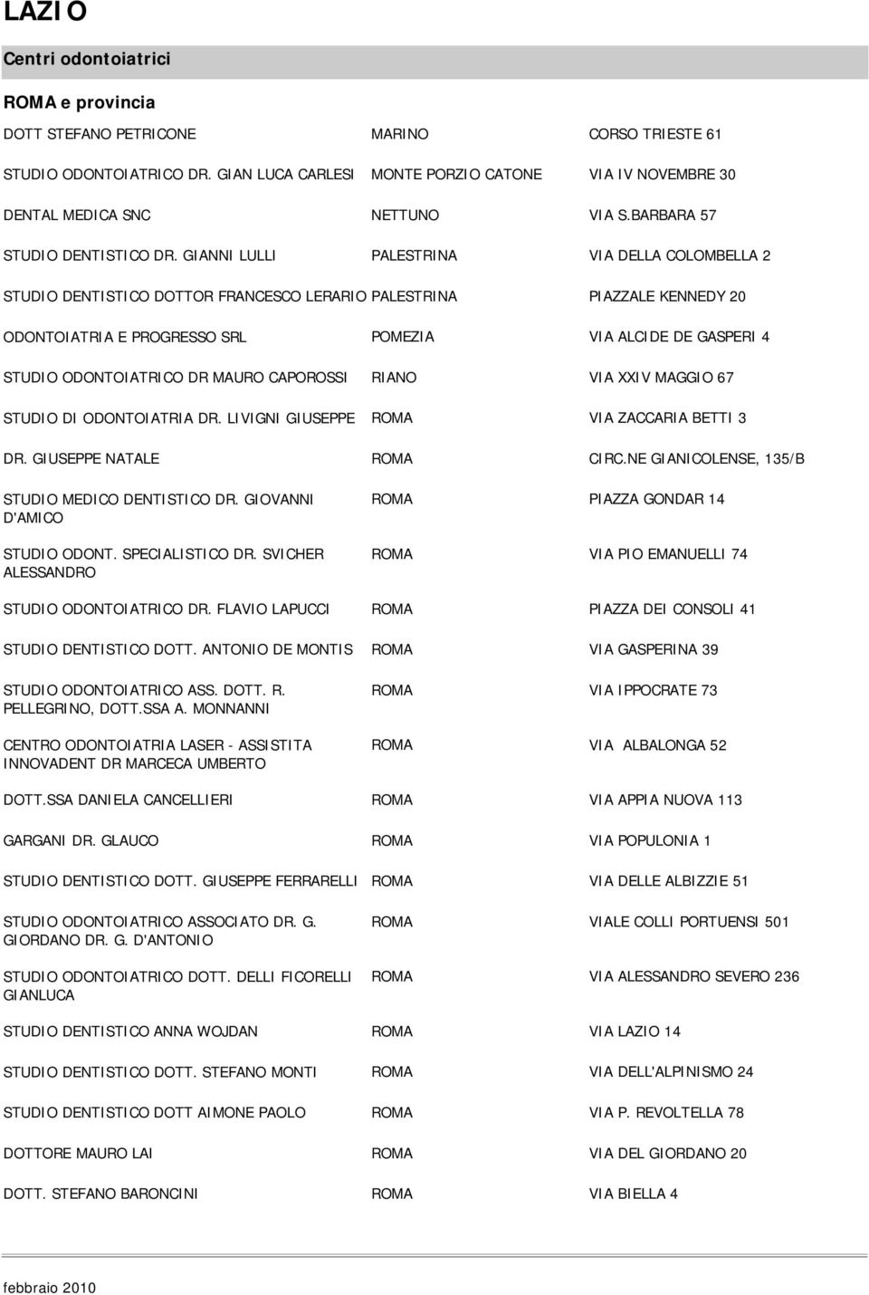 GIANNI LULLI PALESTRINA VIA DELLA COLOMBELLA 2 STUDIO DENTISTICO DOTTOR FRANCESCO LERARIO PALESTRINA PIAZZALE KENNEDY 20 ODONTOIATRIA E PROGRESSO SRL POMEZIA VIA ALCIDE DE GASPERI 4 STUDIO
