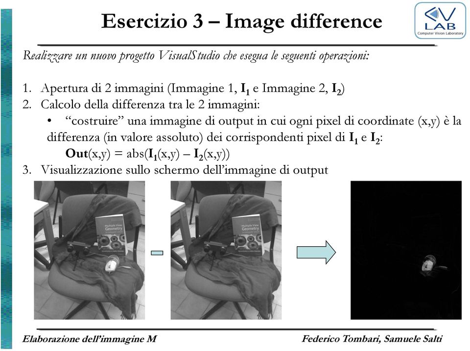 Calcolo della differenza tra le 2 immagini: costruire una immagine di output in cui ogni pixel di coordinate