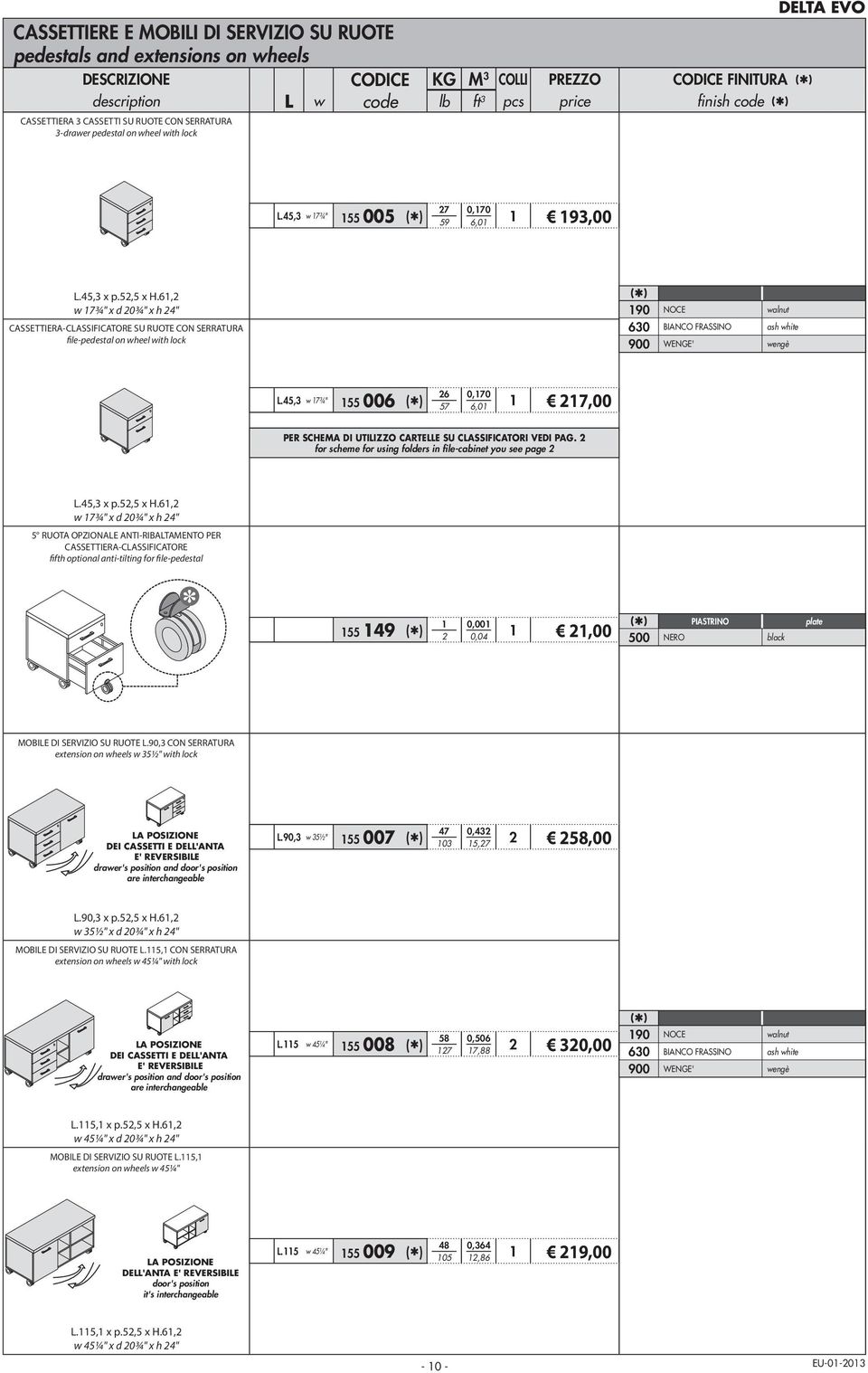 61,2 w 17¾" x d 20¾" x h 24" CASSETTIERA-CLASSIFICATORE SU RUOTE CON SERRATURA file-pedestal on wheel with lock 190 NOCE walnut 630 BIANCO FRASSINO ash white 900 WENGE' wengè L.