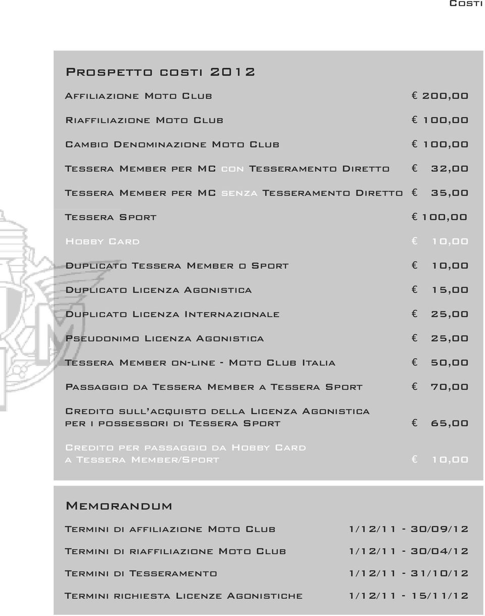 Licenza Agonistica 25,00 Tessera Member on-line - Moto Club Italia 50,00 Passaggio da Tessera Member a Tessera Sport 70,00 Credito sull acquisto della Licenza Agonistica per i possessori di Tessera