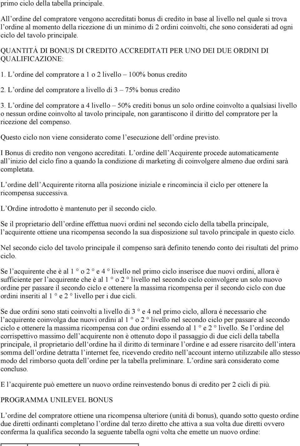 ogni ciclo del tavolo principale. QUANTITÀ DI BONUS DI CREDITO ACCREDITATI PER UNO DEI DUE ORDINI DI QUALIFICAZIONE: 1. L ordine del compratore a 1 o 2 livello 100% bonus credito 2.