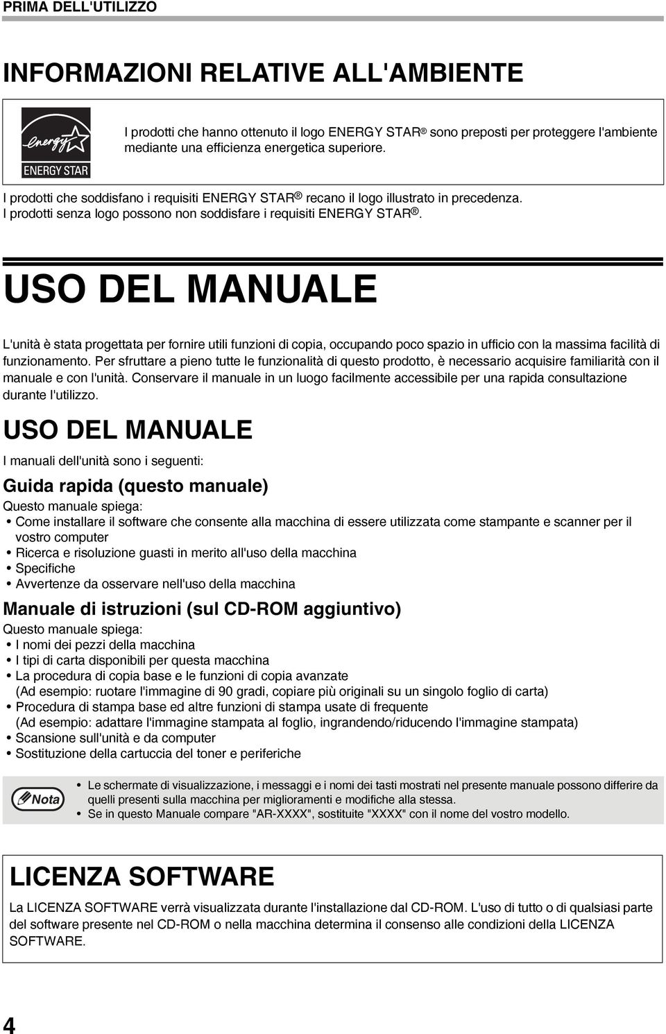 USO DEL MANUALE L'unità è stata progettata per fornire utili funzioni di copia, occupando poco spazio in ufficio con la massima facilità di funzionamento.