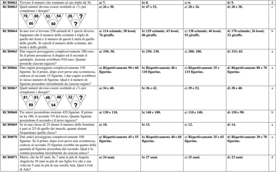 Sappiamo che il numero delle scimmie è triplo di quello dei leoni e il numero di questi è metà di quello delle giraffe. Si calcoli il numero delle scimmie, dei leoni e delle giraffe.