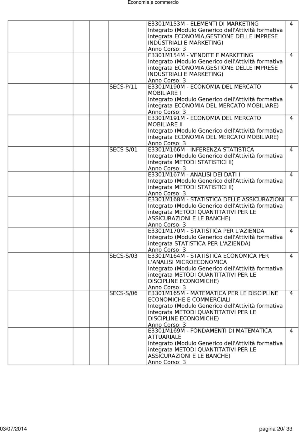 SECS-S/01 E3301M1M - INFERENZA STATISTICA integrata METODI STATISTICI II) E3301M17M - ANALISI DEI DATI I integrata METODI STATISTICI II) E3301M18M - STATISTICA DELLE ASSICURAZIONI integrata METODI
