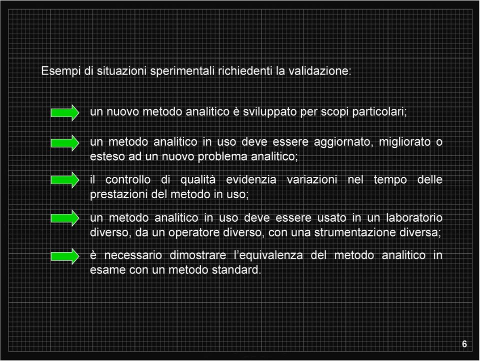 variazioni nel tempo delle prestazioni del metodo in uso; un metodo analitico in uso deve essere usato in un laboratorio diverso, da un