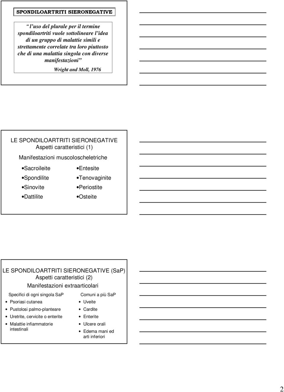 Sinovite Dattilite Entesite Tenovaginite Periostite Osteite LE SPONDILOARTRITI SIERONEGATIVE (SaP) Aspetti caratteristici (2) Manifestazioni extraarticolari Specifici di ogni singola SaP