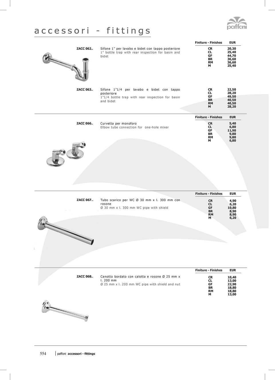 . Curvetta per monoforo Elbow tube connection for one-hole mixer CR 5,40 6,80 11,90 BR 9,80 RM 9,80 M 6,80 ZACC 067.. Tubo scarico per WC Ø 30 mm x l. 300 mm con rosone Ø 30 mm x l.