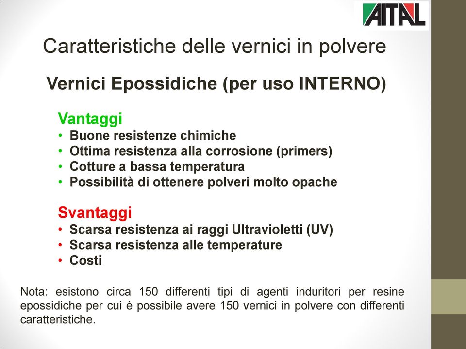 Scarsa resistenza ai raggi Ultravioletti (UV) Scarsa resistenza alle temperature Costi Nota: esistono circa 150 differenti