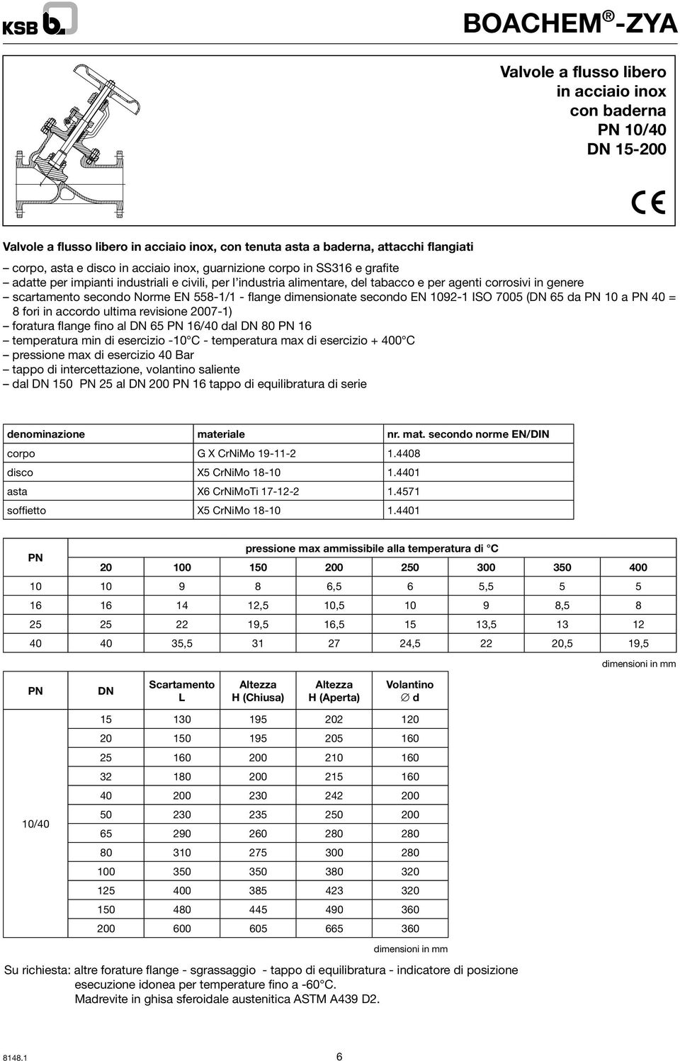 558-1/1 - flange dimensionate secondo EN 1092-1 ISO 7005 (DN 65 da PN 10 a PN 40 = 8 fori in accordo ultima revisione 2007-1) foratura flange fino al DN 65 PN 16/40 dal DN 80 PN 16 temperatura min di