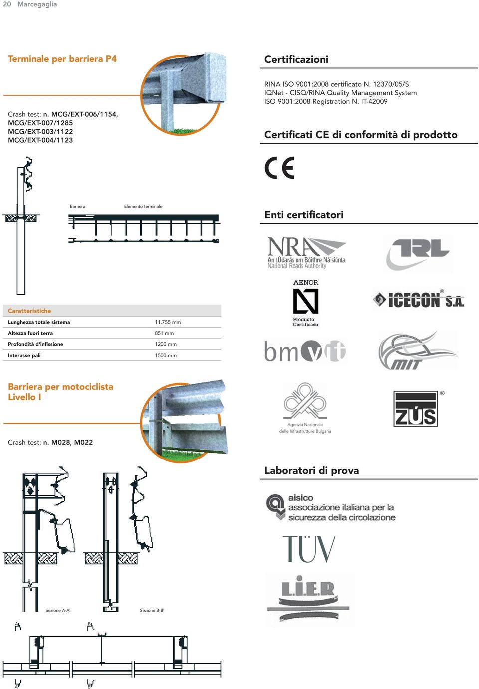 MCG/EXT-006/1154, MCG/EXT-007/1285 MCG/EXT-003/1122 MCG/EXT-004/1123 Certificati CE di conformità di prodotto Barriera Elemento terminale