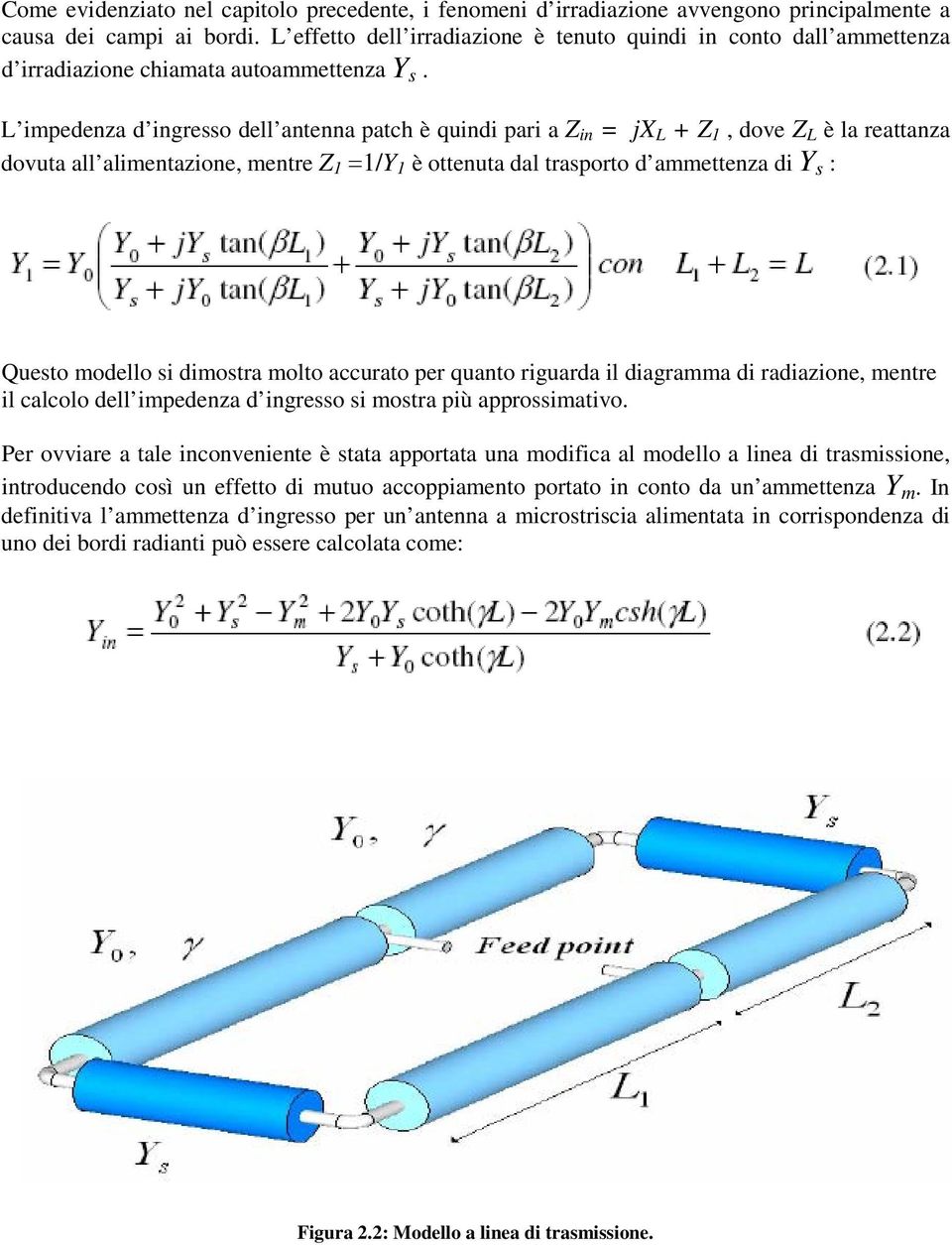 L impedenza d ingresso dell antenna patch è quindi pari a Z in = jx L + Z 1, dove Z L è la reattanza dovuta all alimentazione, mentre Z 1 =1/Y 1 è ottenuta dal trasporto d ammettenza di Y s : Questo