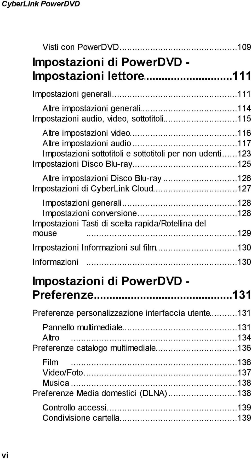 ..126 Disco Blu-ray Impostazioni di...127 CyberLink Cloud Impostazioni...128 generali Impostazioni...128 conversione Impostazioni Tasti di scelta rapida/rotellina del mouse.