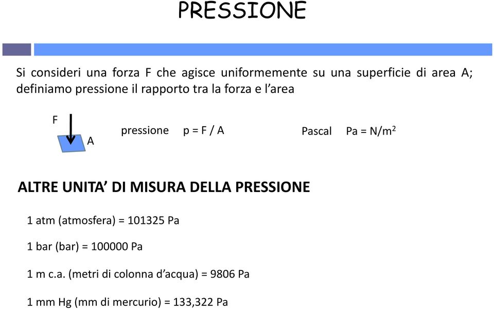 N/m 2 ALTRE UNITA DI MISURA DELLA PRESSIONE 1 atm (atmosfera) = 101325 Pa 1 bar (bar) =
