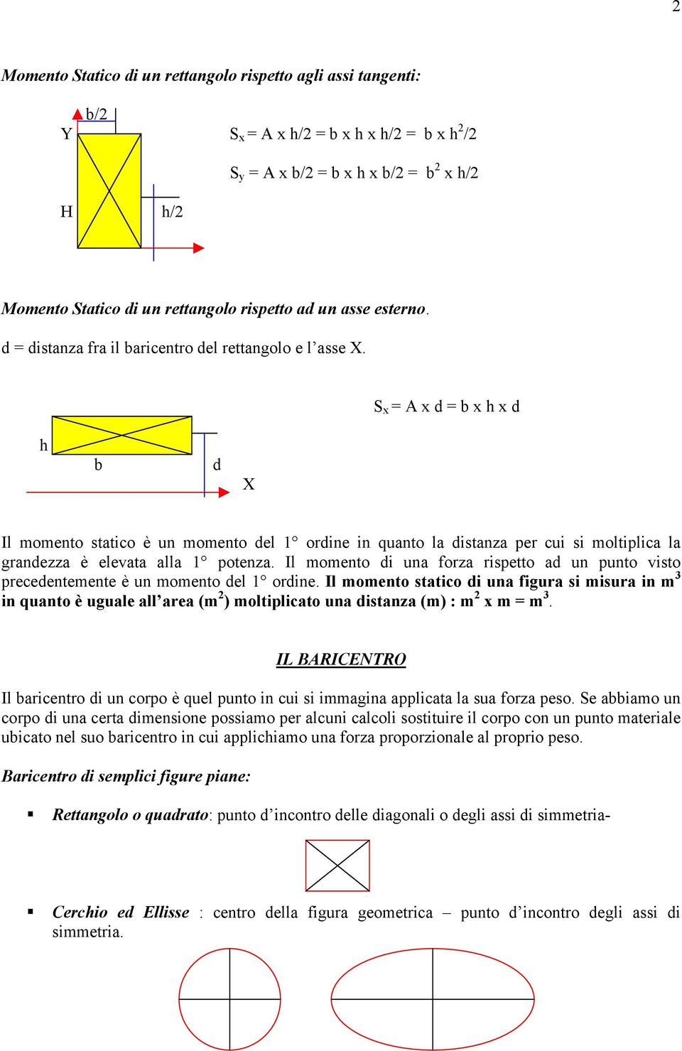 S x = A x d = b x h x d h b b d X Il momento statico è un momento del 1 ordine in quanto la distanza per cui si moltiplica la grandezza è elevata alla 1 potenza.