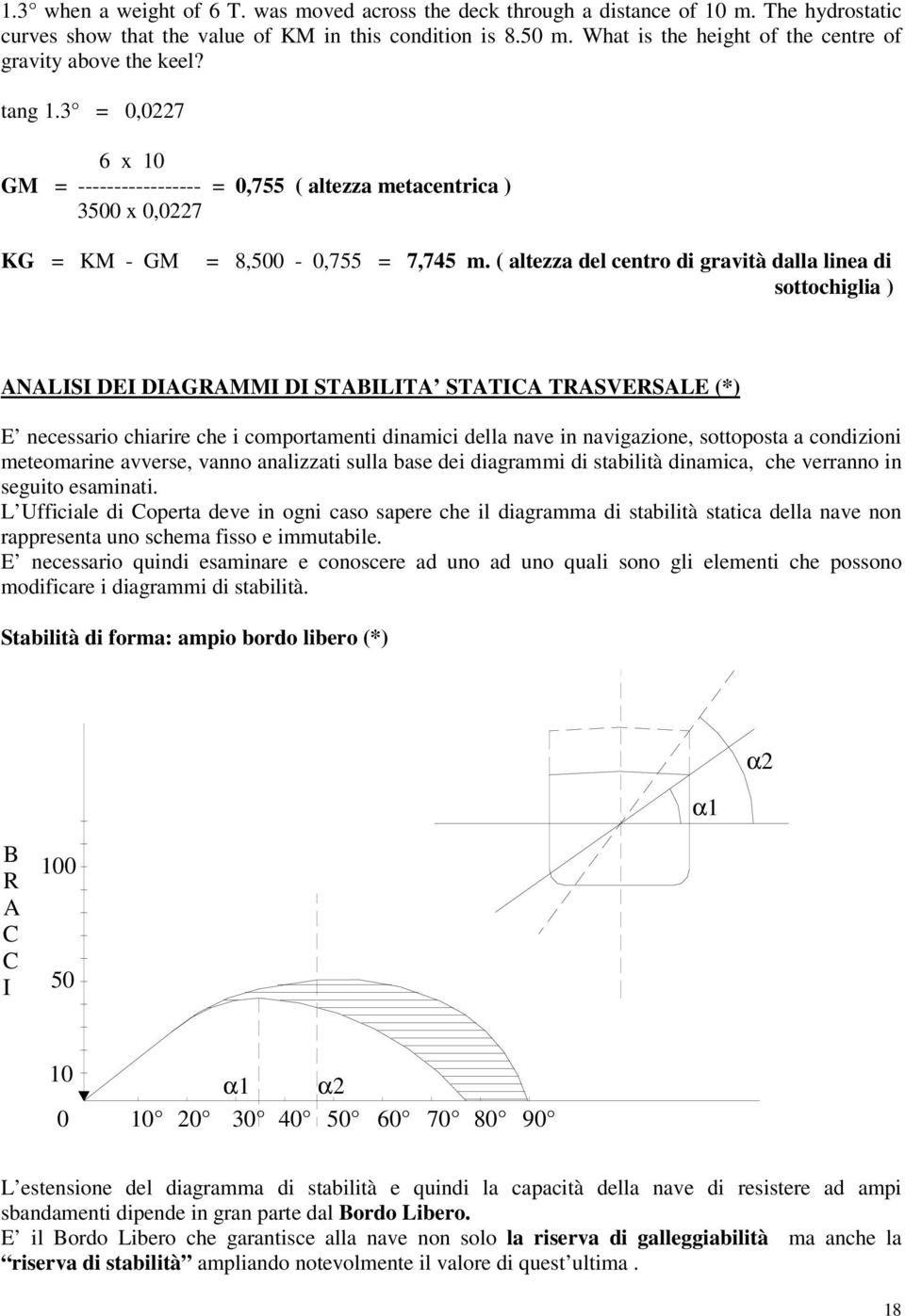 ( altezza del centro di gravità dalla linea di sottochiglia ) ANALISI DEI DIAGRAMMI DI STABILITA STATICA TRASVERSALE () E necessario chiarire che i comportamenti dinamici della nave in navigazione,