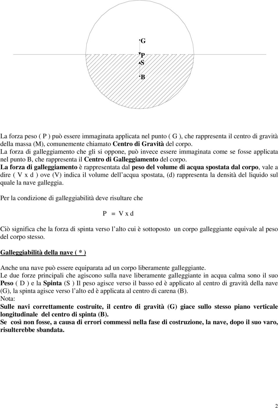 La forza di galleggiamento è rappresentata dal peso del volume di acqua spostata dal corpo, vale a dire ( V x d ) ove (V) indica il volume dell acqua spostata, (d) rappresenta la densità del liquido