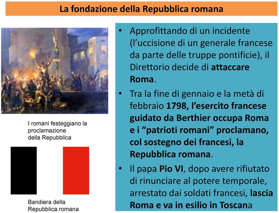 Tra la fine di gennaio e la metà di febbraio 1798, l esercito francese guidato da Berthier occupa Roma e i patrioti romani proclamano, col sostegno