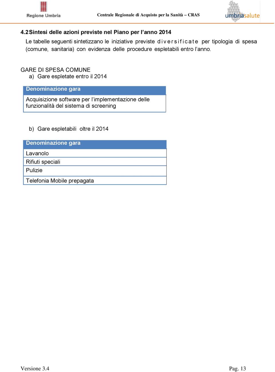 GARE DI SPESA COMUNE a) Gare espletate entro il 2014 Denominazione gara Acquisizione software per l implementazione delle