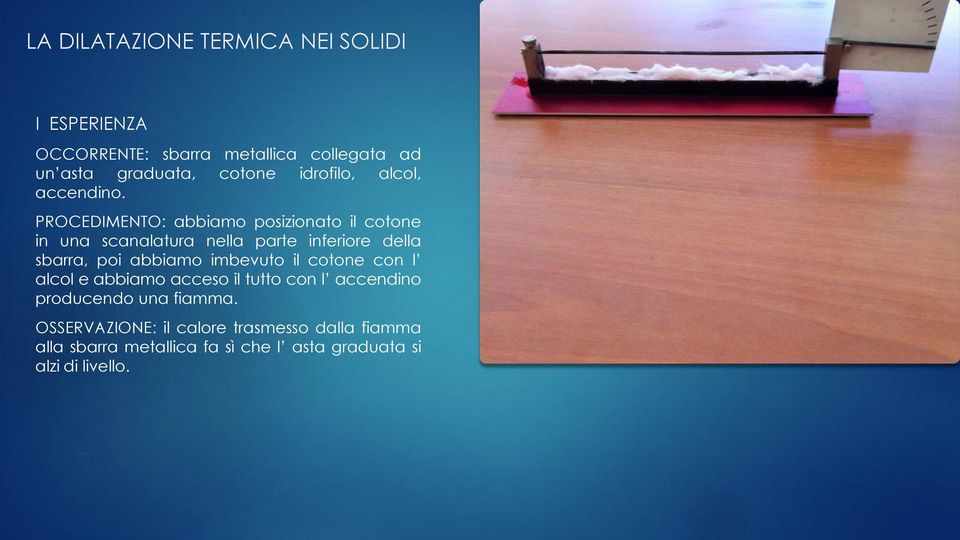 PROCEDIMENTO: abbiamo posizionato il cotone in una scanalatura nella parte inferiore della sbarra, poi abbiamo