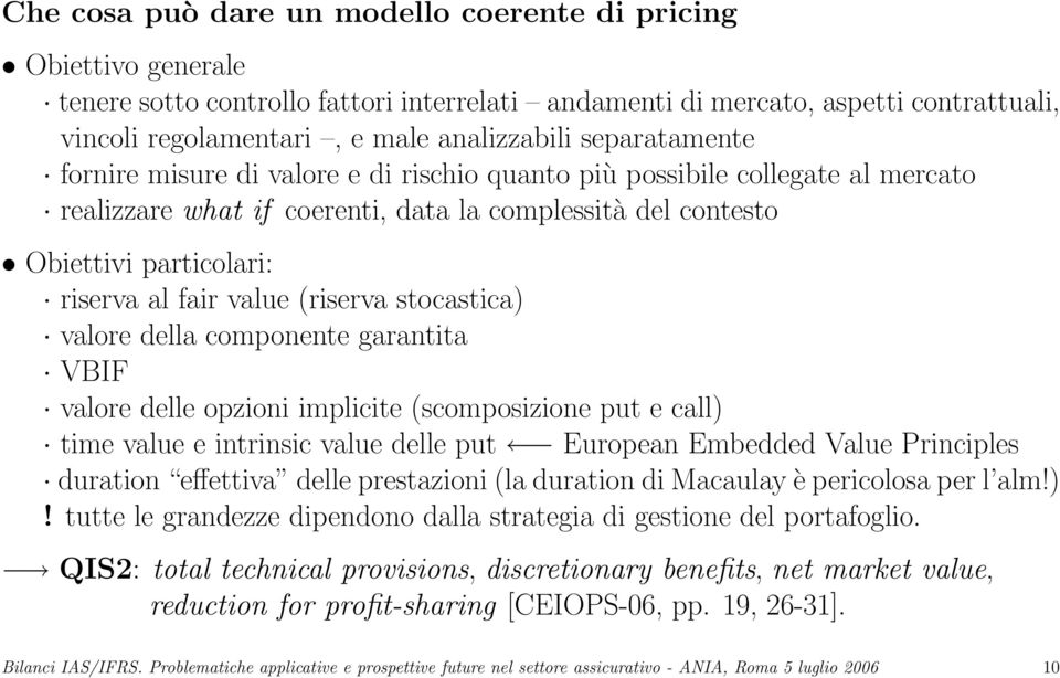 value (riserva stocastica) valore della componente garantita VBIF valore delle opzioni implicite (scomposizione put e call) time value e intrinsic value delle put European Embedded Value Principles