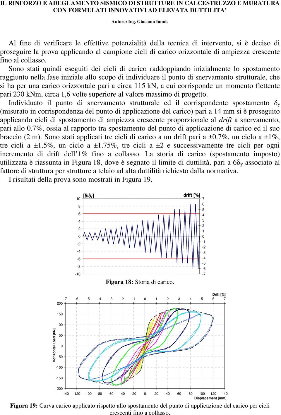 Sono stati quindi eseguiti dei cicli di carico raddoppiando inizialmente lo spostamento raggiunto nella fase iniziale allo scopo di individuare il punto di snervamento strutturale, che si ha per una