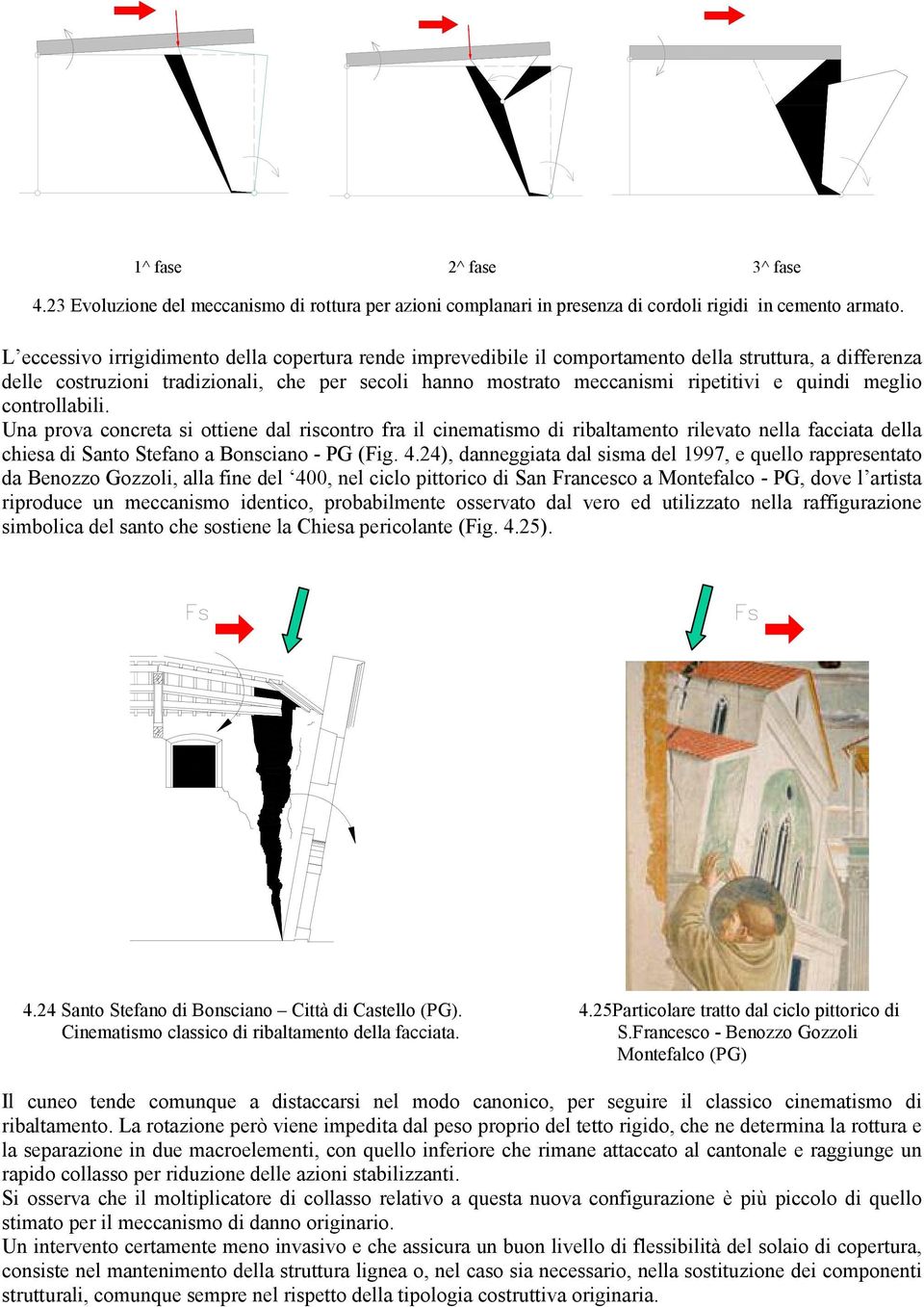 quindi meglio controllabili. Una prova concreta si ottiene dal riscontro fra il cinematismo di ribaltamento rilevato nella facciata della chiesa di Santo Stefano a Bonsciano - PG (Fig. 4.