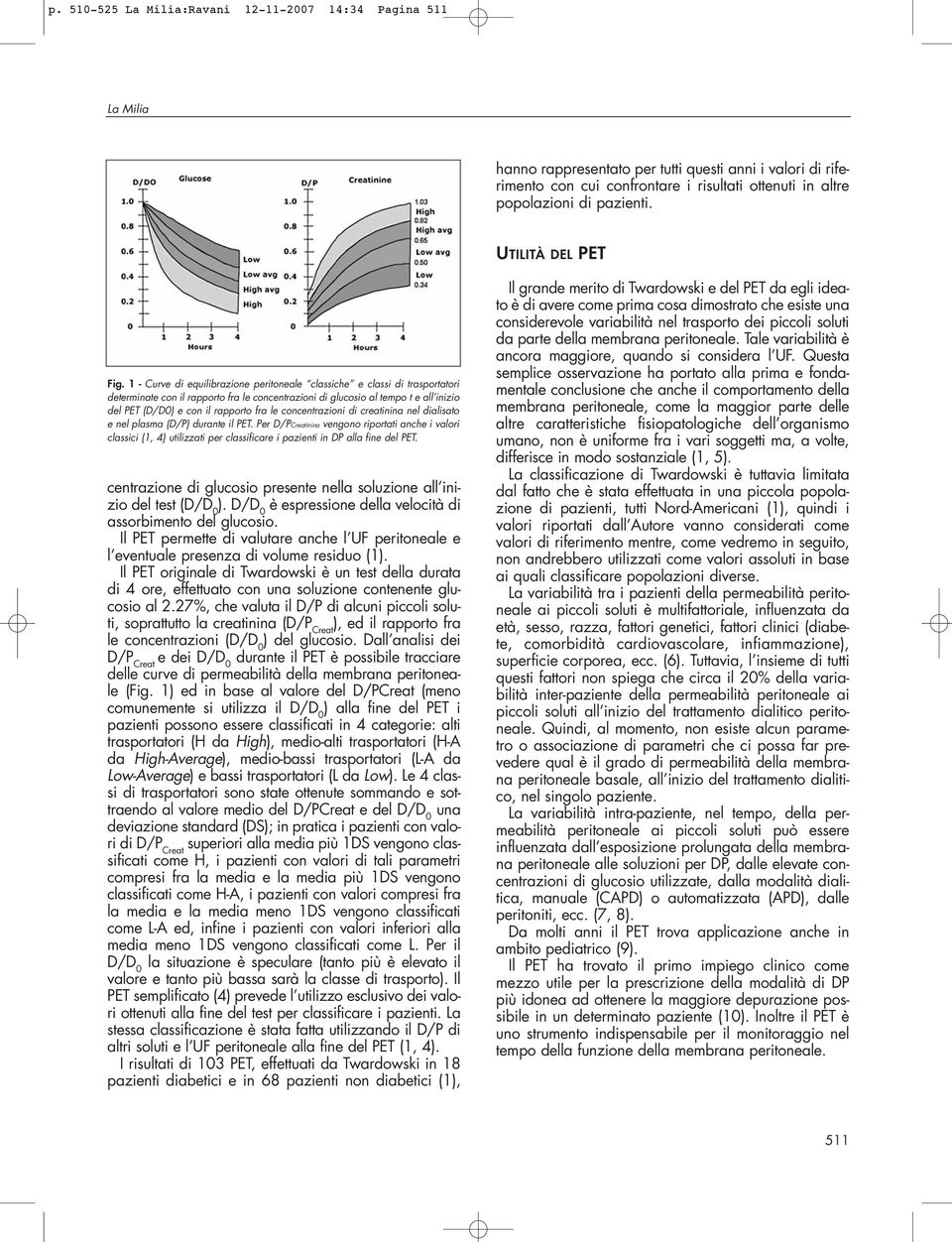 1 - Curve di equilibrazione peritoneale classiche e classi di trasportatori determinate con il rapporto fra le concentrazioni di glucosio al tempo t e all inizio del PET (D/D0) e con il rapporto fra