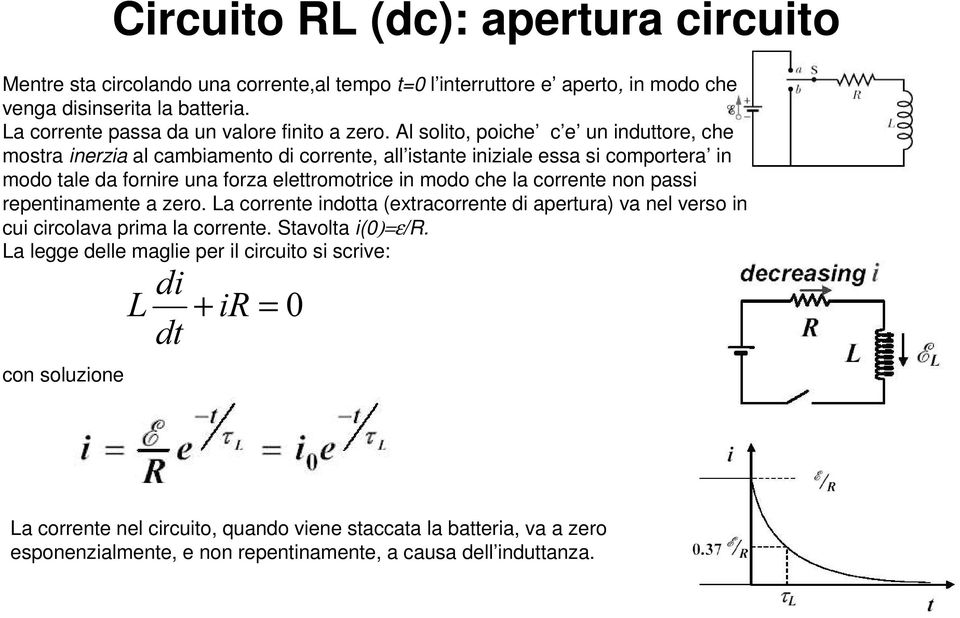 Al solito, poiche c e un induttore, che mostra inerzia al cambiamento di corrente, all istante iniziale essa si comportera in modo tale da fornire una forza elettromotrice in modo che la