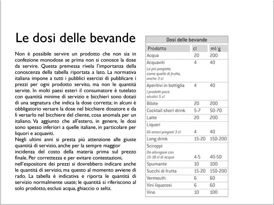 La normativa italiana impone a tutti i pubblici esercizi di pubblicare i prezzi per ogni prodotto servito, ma non le quantità servite.