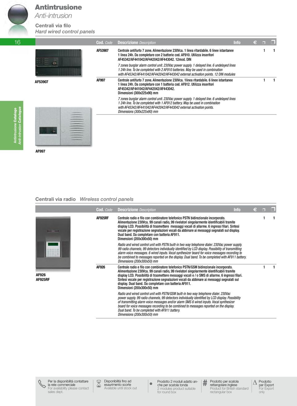 6 linee istantanee 1 1 1 linea 24h. Da completare con 2 batterie cod. AF910. Utilizza inseritori AF45342/AF441042/AF442042/AF443042. 12mod. DIN 7 zones burglar alarm control unit. 230Vac power supply.